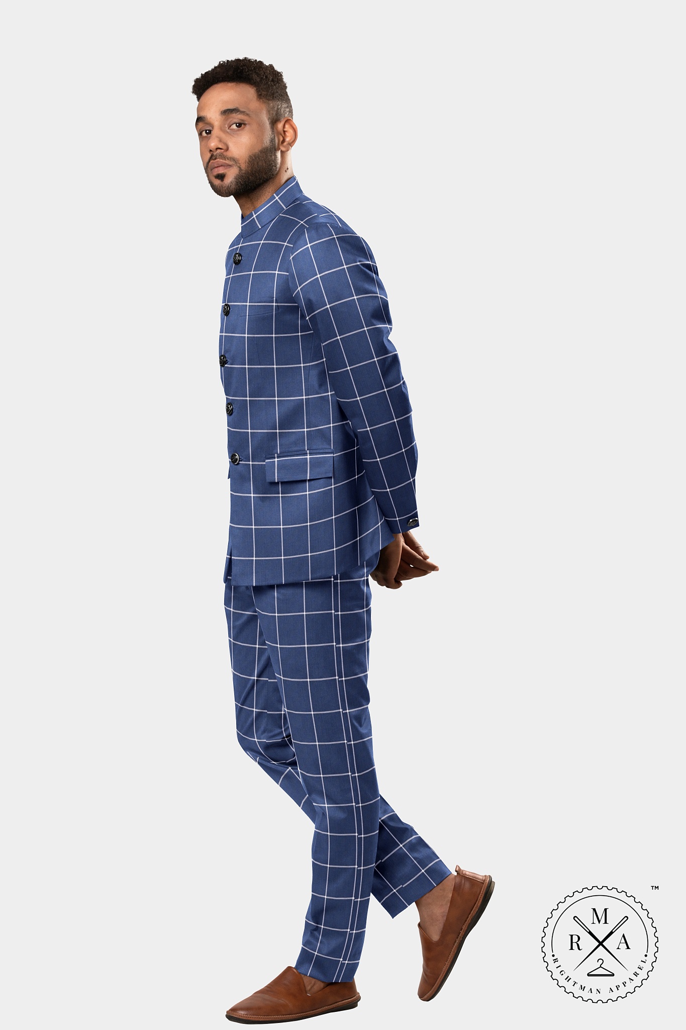 Blue Jodhpuri Suit With White Windowpane Checks SU43